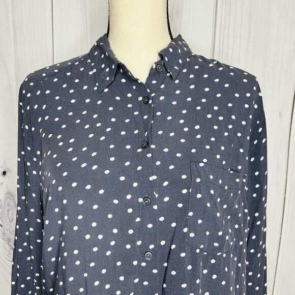 Ann Taylor Loft Gray White Polka Dot Collared Button Up Top Shirt Sz L Rayon - Picture 2 of 8